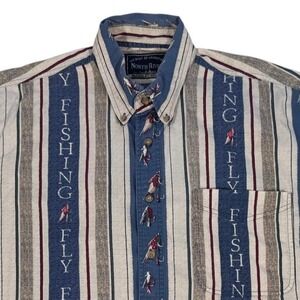 NORTH RIVER Men's Fly Fishing Striped Short Sleeve Button Down Shirt Bird Print